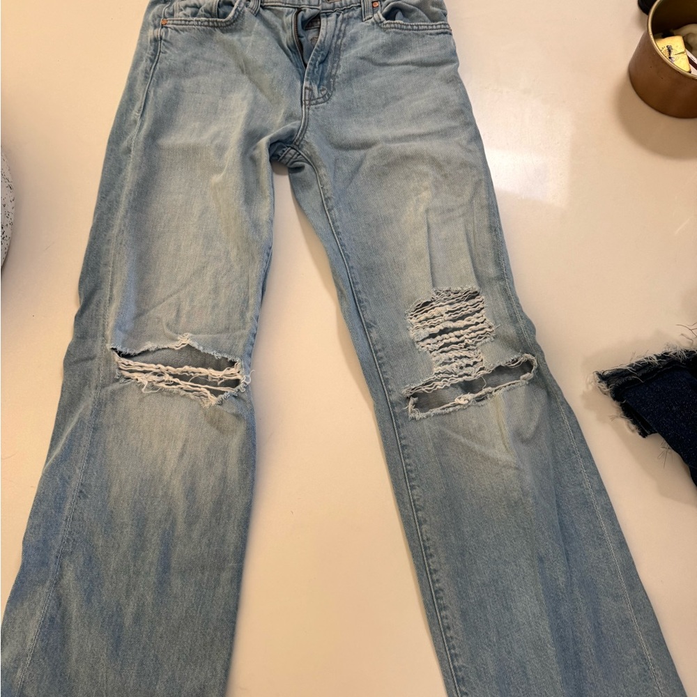 MOTHER Light Blue Ripped Straight Leg Jeans